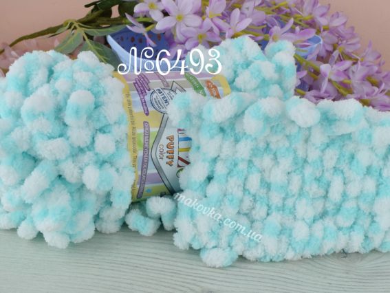 PUFFY color Alize пряжа 6493 м'ятно-білий цятки