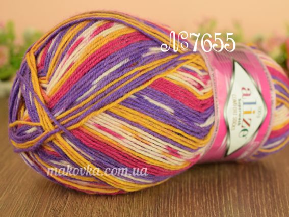 Superwash Alize шкарпеткова пряжа 7655 фіолетовий-фуксія-молочний-жовтий