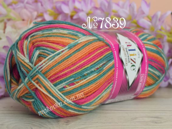 Superwash Alize шкарпеткова пряжа 7839 оранж-зелений-малина-молочний
