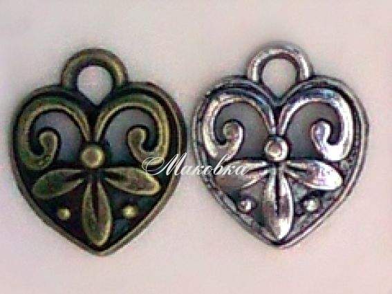 Підвіска Серце №2 з візерунком, розмір 12х15мм, античне срібло Підвіска Серце №2 з візерунком, розмір 12х15мм, античне срібло