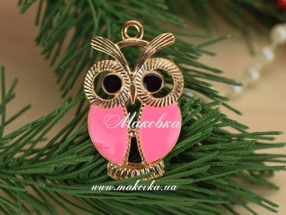 Кулон Сова 34х32, эмаль розовая, 1 шт