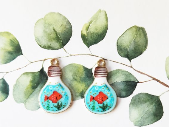 Цветная подвеска, шарм Лампа с белым рыбкой , с эмалевым покрытием , 1 шт