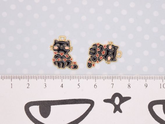 Кольорова підвіска, шарм Кіт з гірляндою з сердечок, чорний, 1 шт з емалевим покриттям, 1 шт