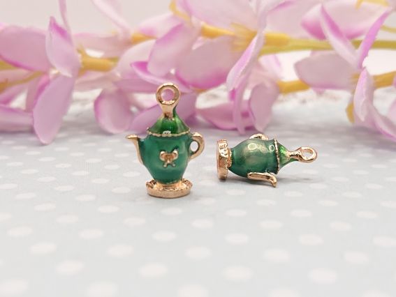 Цветная подвеска, шарм Чайник Зеленый с сердечком, с эмалевым покрытием , 1 шт