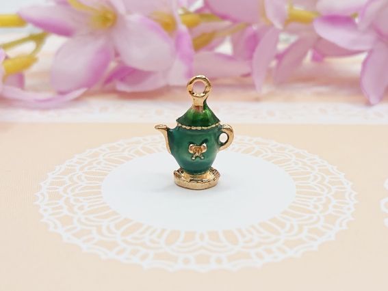 Подвеска цветная Чайник Зеленый с сердечком, эмаль