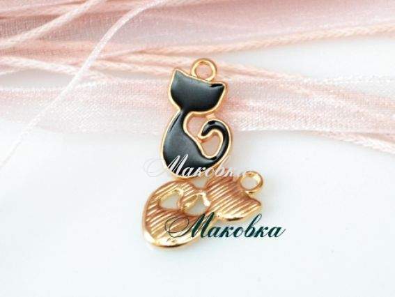 Подвеска мини-Котик, эмаль, 9х15 мм, золото с черным Подвеска мини-Котик, эмаль, 9х15 мм, золото с черным