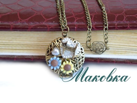 Кулон медальйон для фото з квіточками та ланцюжком, №14 круглий