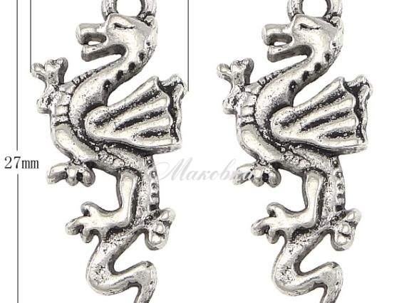 Подвеска Дракон №03, 27мм, античное серебро, 1 шт