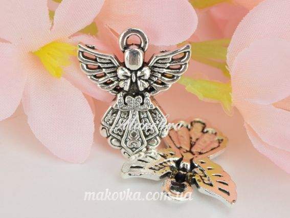 Подвеска Ангелок №08 с бантиком, античное серебро, 1 шт