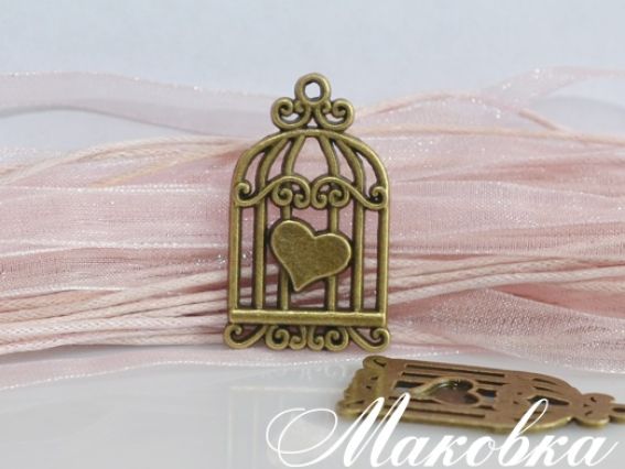 Подвеска Клетка №02 с сердечком, 32х19 мм, античная бронза, 1 шт Подвеска Клетка №02 с сердечком, 32х19 мм, античная бронза, 1 шт