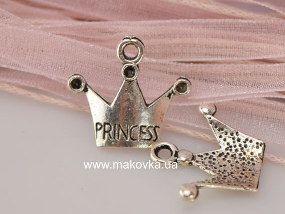 Подвеска Корона №6 с надписью Princess, 18x17мм античное серебро, 1 шт