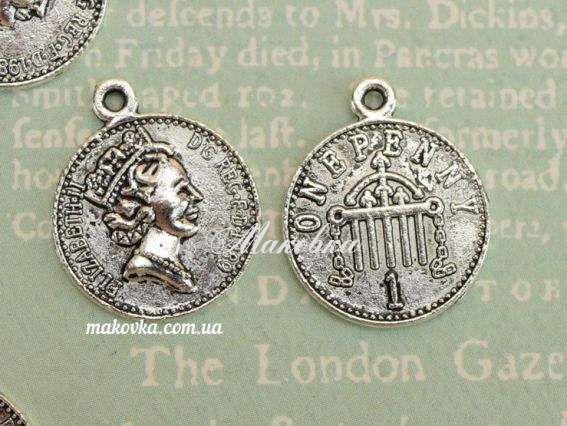 Подвеска монета Королева Элизабета-II, ONE PENNY античное серебро 1 шт Подвеска монета Королева Элизабета-II, ONE PENNY античное серебро 1 шт
