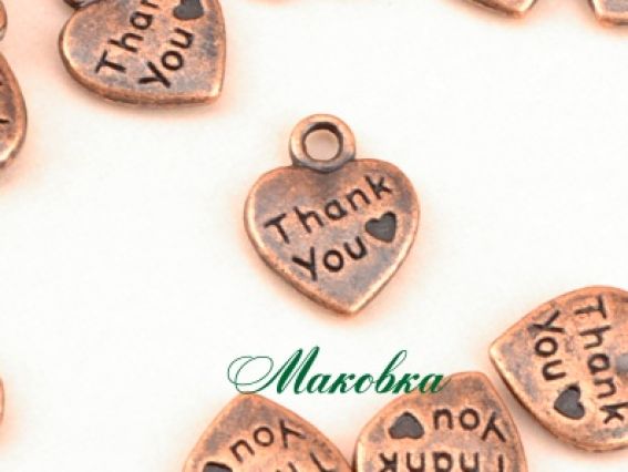 Подвеска Сердце №13 мини с надписью Thank You, античная медь, 1 шт Подвеска Сердце №13 мини с надписью Thank You, античная медь, 1 шт