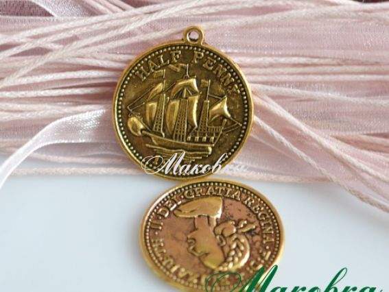 Подвеска монета Королева Элизабета-II (пол-пени), 28х25 мм, античное золото, 1 шт Подвеска монета Королева Элизабета-II (пол-пени), 28х25 мм, античное золото, 1 шт