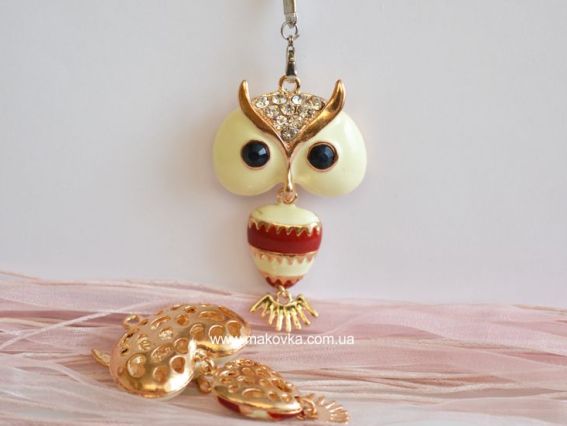 Кулон со стразами Сова, Кремовая с бордовым Кулон со стразами Сова, Кремовая с бордовым