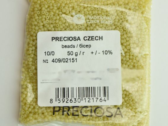 Preciosa  Чешский бисер №10/0, круглый, 50 г цвет 02151 алебастр зольгель салатовый  50 г