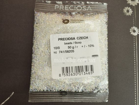 Preciosa Чеський бісер №10/0, круглий, колір 58205 білий прозорий райдужний