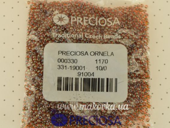 Preciosa  Чешский бисер №10/0, круглый, цвет 91004 зеленая серединка , оранжевое стекло 50 г