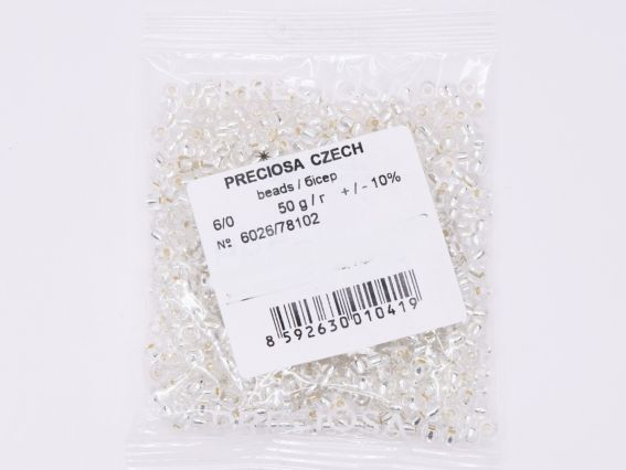 Чеський бісер Preciosa №6/0, круглий, 311-19 колір 78102 білий з срібною лінією 50 г