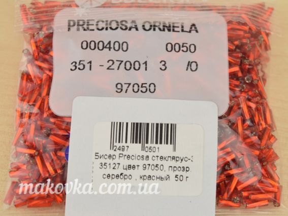 Чешский бисер Preciosa стеклярус-3, 35127 цвет 97050, прозрачный серебро красный, 50 г
