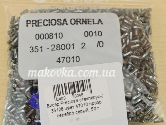 Чешский бисер Preciosa стеклярус-2, 35128 цвет 47010, прозрачный серебро серый 50 г