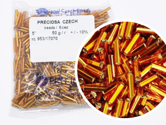 Бисер Preciosa стеклярус-5, цвет 17070, прозрачный темный золотой, 50 г