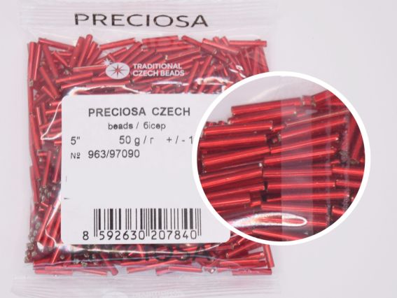 Preciosa стеклярус-5, цвет 97090, прозрачный серебро темно-красный , 50 г