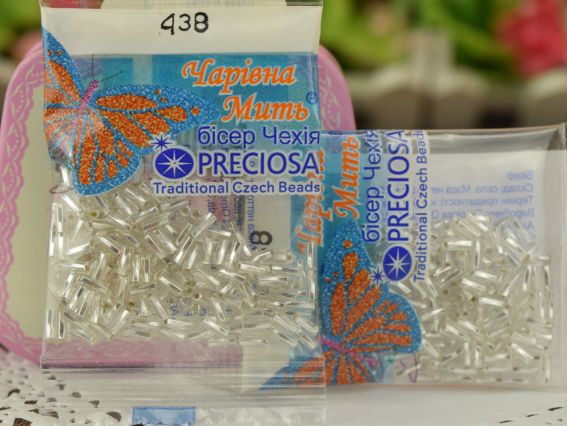 Бисер 5 гр Preciosa 438, Стеклярус-2 с серебряной серединкой, белый