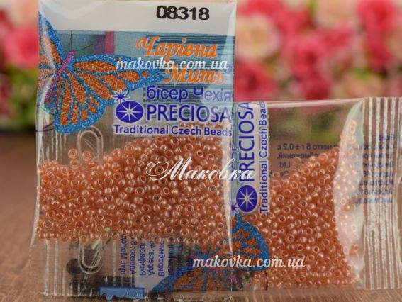 Бисер 5 гр Preciosa 08318 Кристально-прозрачный с жемчужным прокрасом, оранжевый, ЧМ