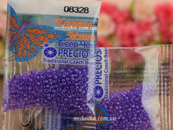 Бисер 5 гр Preciosa 08328 Кристально-прозрачный с жемчужным прокрасом, сиреневый, ЧМ