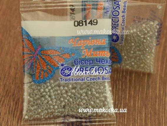 Бисер 5 гр Preciosa 08149 Кристально-прозрачный с жемчужным прокрасом, светло-серый, ЧМ