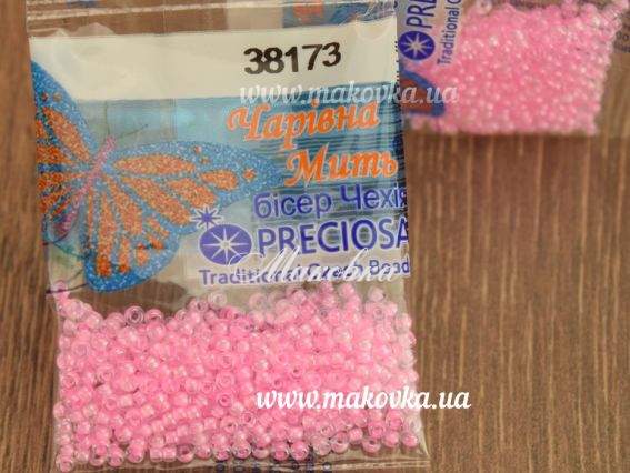 Бисер 5 гр Preciosa 38173 прозрачный с цветным прокрасом блестящий, розовый, ЧМ
