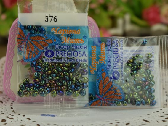 Бисер 5 гр Preciosa 376, ТВИН непрозрачный ирисовый зеленый