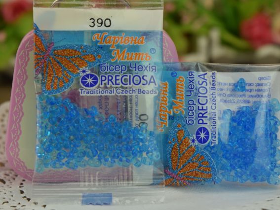Бисер 5 гр Preciosa 390, ТВИН прозрачный бирюзовый
