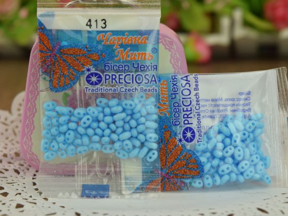 Бисер 5 гр Preciosa 413, ТВИН непрозрачный бирюзовый