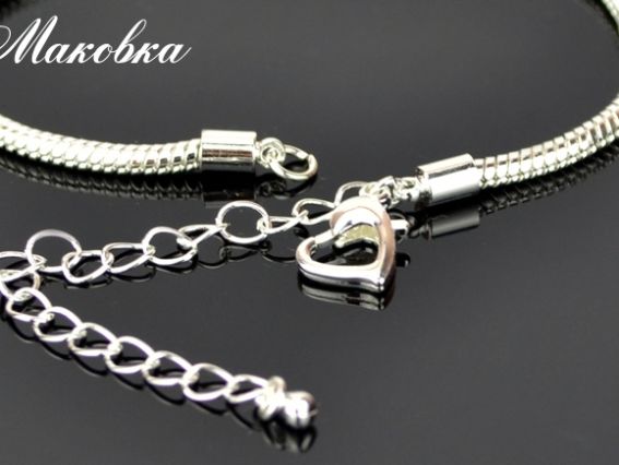 Браслет гнучкий карабіном у формі Серця пандора-стиль, 19,5+8 см під срібло