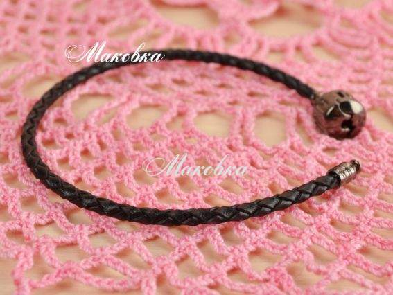 Браслет для намистин Пандора-стилю, шкіра, плетений 19 см, чорний + чорний