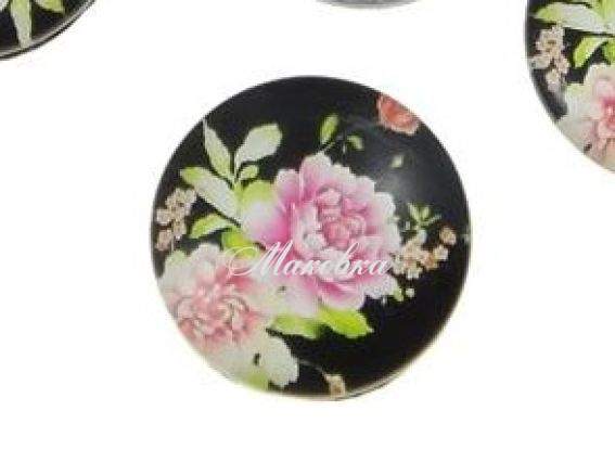 Стеклянный кабошон с принтом Круг 18х5 мм, черный с пионами, 1 шт