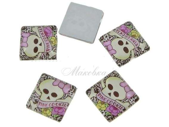 Скляний кабошон з принтом Квадрат 15 мм, Череп з бантиком