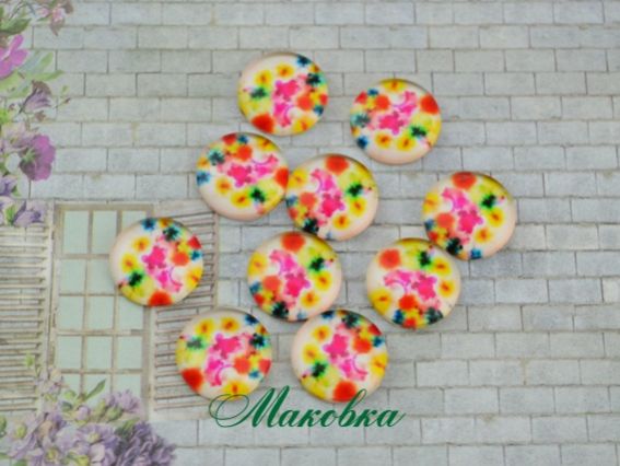 Стеклянный кабошон с принтом Круг 14х3,5 мм, Яркая россыпь, 1 шт Стеклянный кабошон с принтом Круг 14х3,5 мм, Яркая россыпь, 1 шт