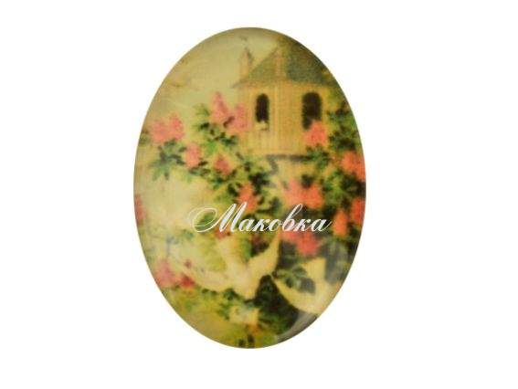 Стеклянный кабошон Овальный с принтом ДОМ, цветы, птица 1 шт