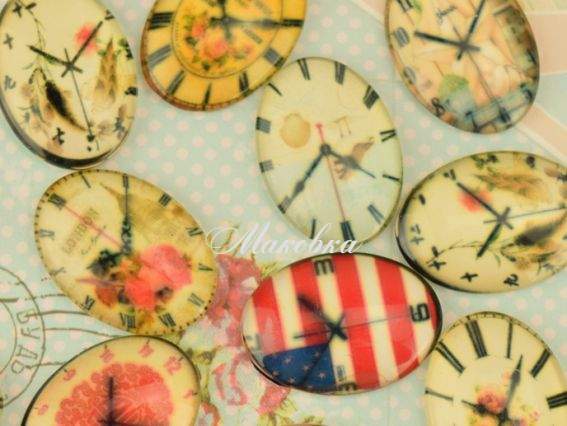 Стеклянный кабошон Овальный с принтом ЧАСЫ, 18х25мм 1 шт выбор рисунка случайный 