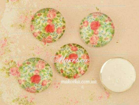 Стеклянный кабошон Круг с принтом Розочки мини , 14 мм, 1 шт