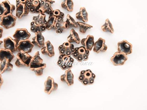 Колпачок бижутерный №13 Колокольчик маленький 9х6 мм, античная МЕДЬ, 50 шт