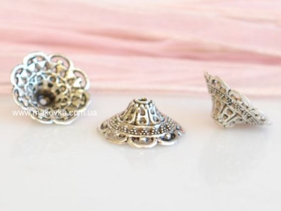 Бижутерный Колпачок, обниматель №21, Цветок филигрань 18х7 мм, цвет античное серебро, 1 шт