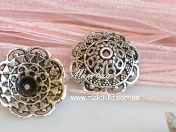 Колпачок бижутерный №21, Цветок филигрань 18х7 мм, античное серебро, 50 шт Колпачок бижутерный №21, Цветок филигрань 18х7 мм, античное серебро, 50 шт