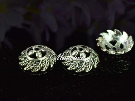 Колпачок бижутерный №58 Большой С ЛИСТЬЯМИ 20х7 мм, античное серебро, 1 шт