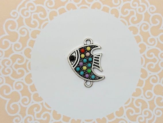 Конектор металевий Рибка, колір античне срібло з кольоровими крапками, 1 шт