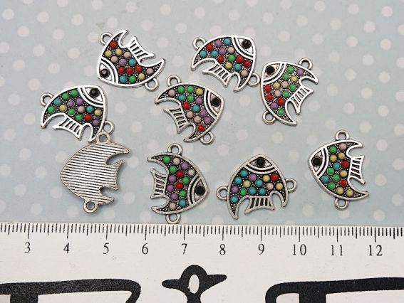 Конектор металевий Рибка, колір античне срібло з кольоровими крапками, 1 шт