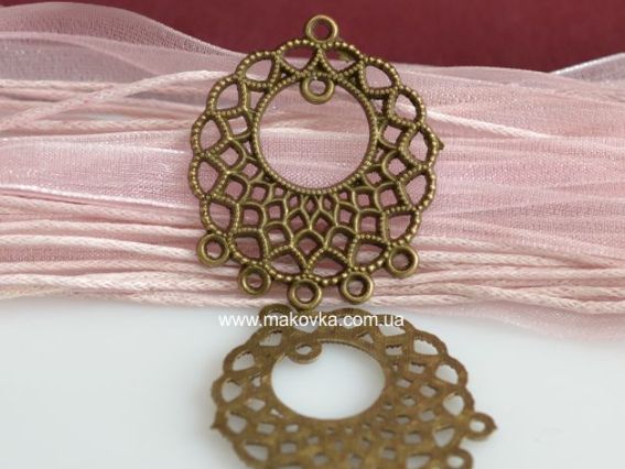 Бижутерный коннектор 1/5 Круглый 28х33 мм, цвет античная бронза, 1 шт